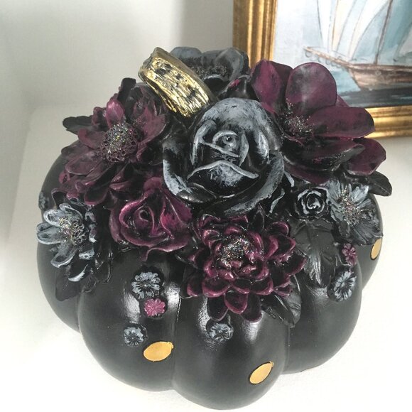 Halloween Floral Pumpkin Decor Polka Dots Tabletop Farmhouse Shabby Chic - Picture 4 of 8